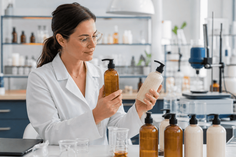 Scientist inspecting body wash fragrance stability samples in final packaging