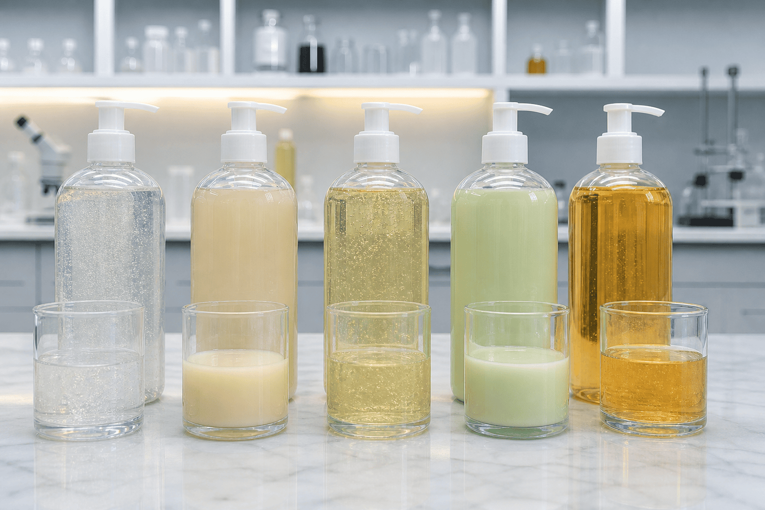 Body wash samples compared for clarity color and viscosity changes
