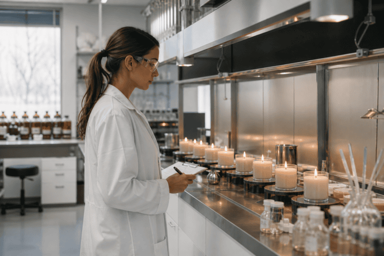 Technician conducting candle fragrance load testing in a controlled laboratory
