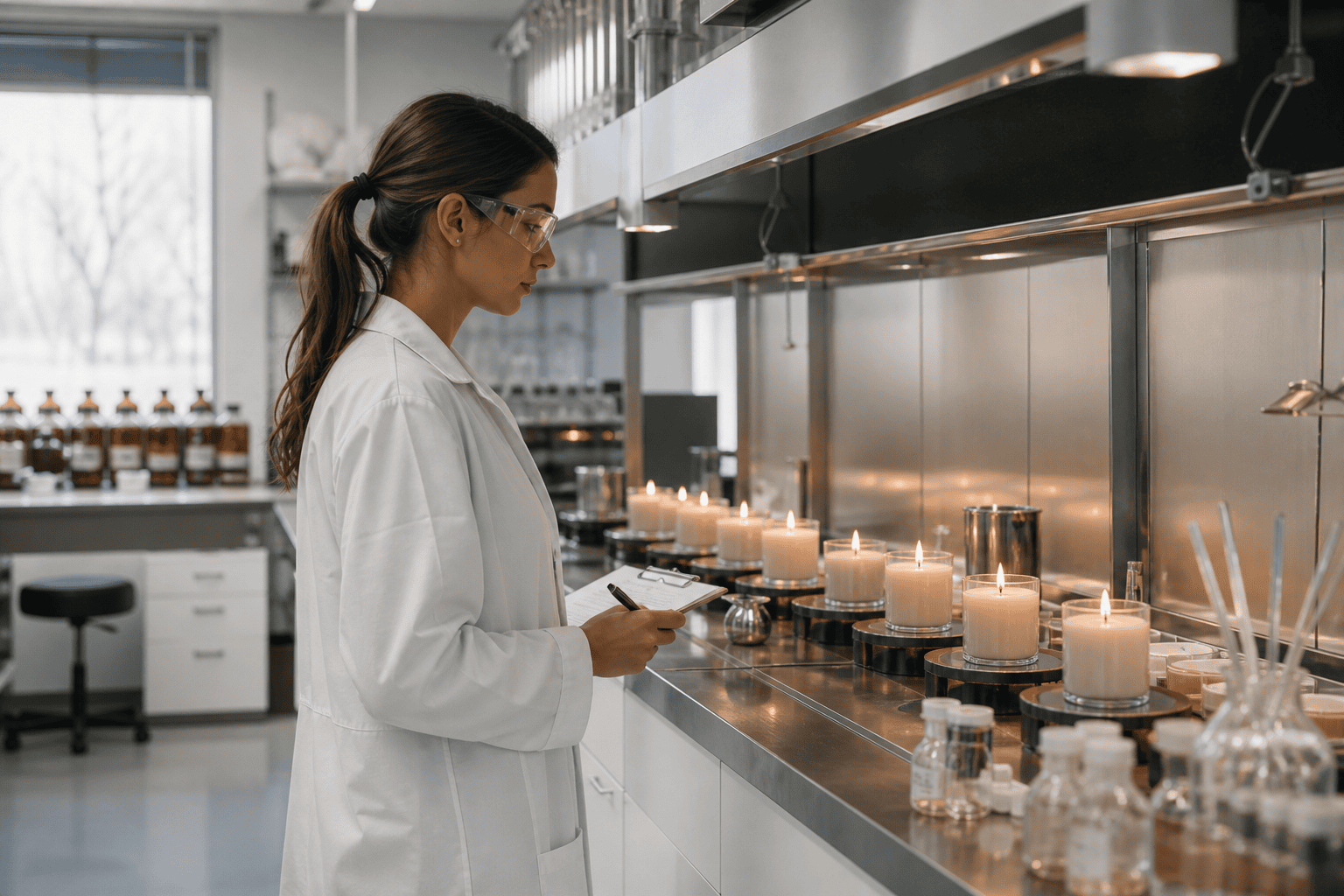 Technician conducting candle fragrance load testing in a controlled laboratory