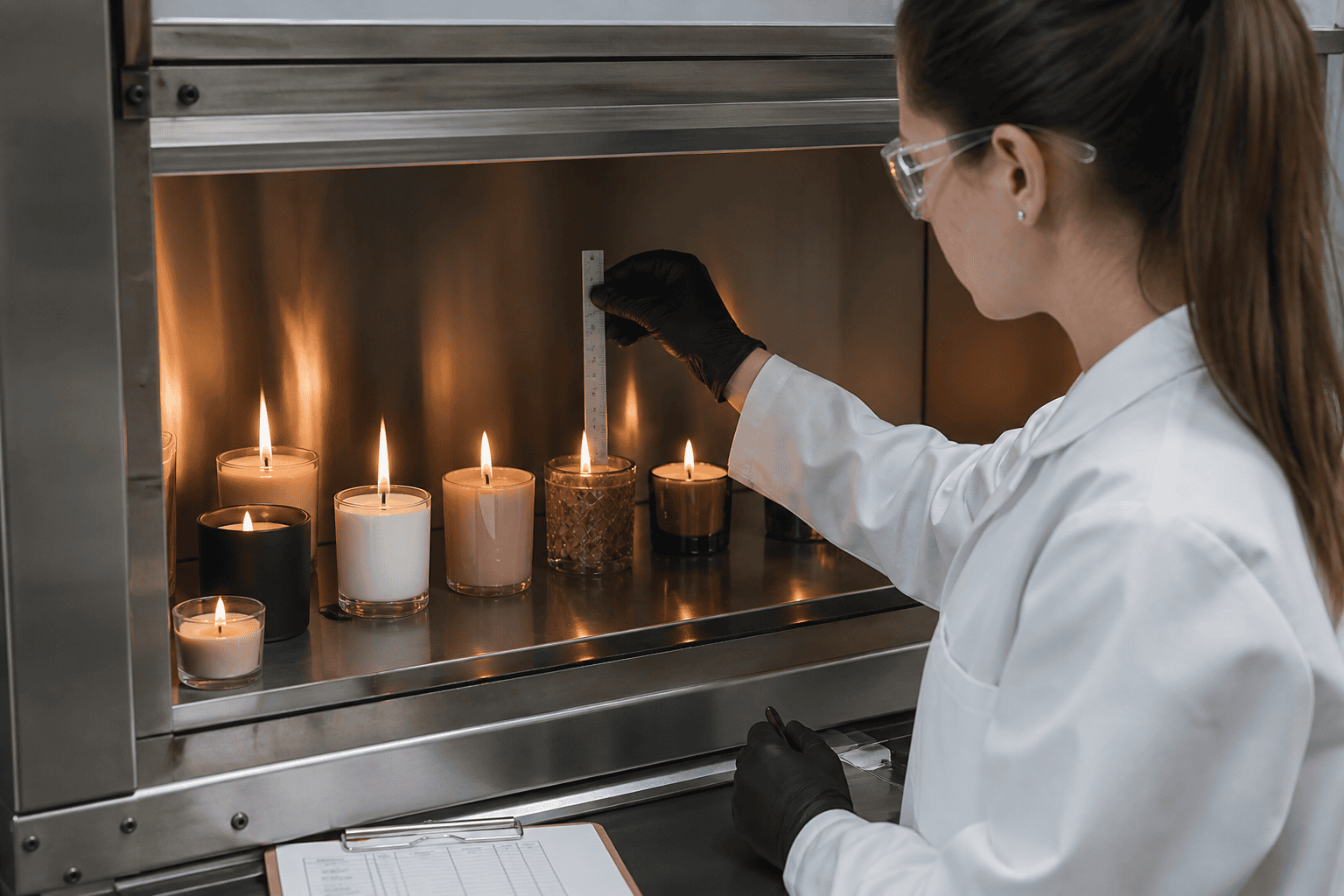 Technician measuring wick flame and melt pool during candle burn testing