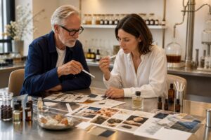Perfumer and brand developer creating a custom fragrance from a visual scent brief