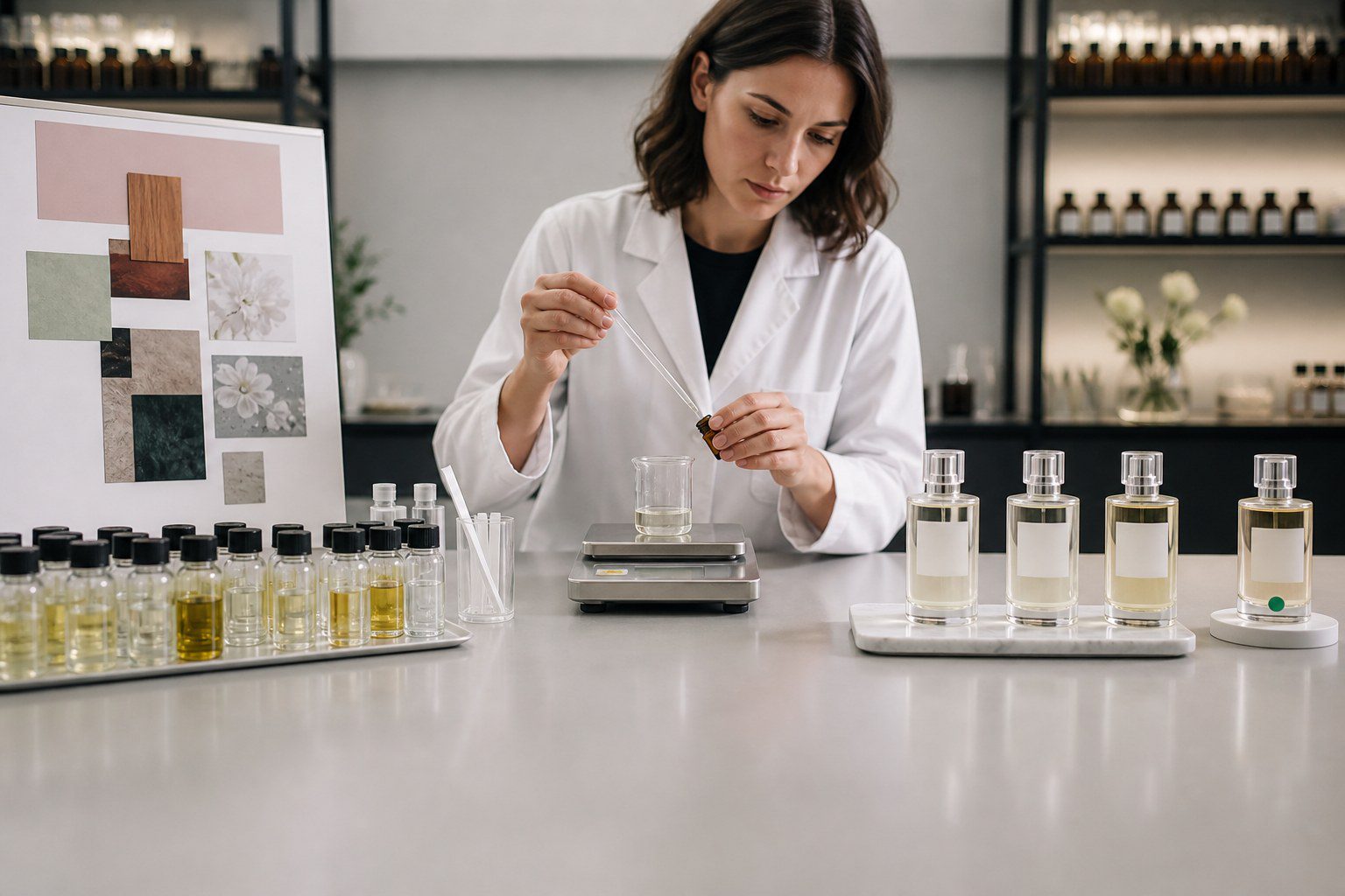 Perfumer preparing and comparing samples during the custom fragrance development process