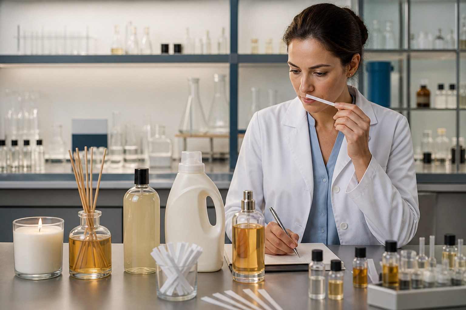 Fragrance specialist selecting oils for candle, diffuser, detergent and personal care applications