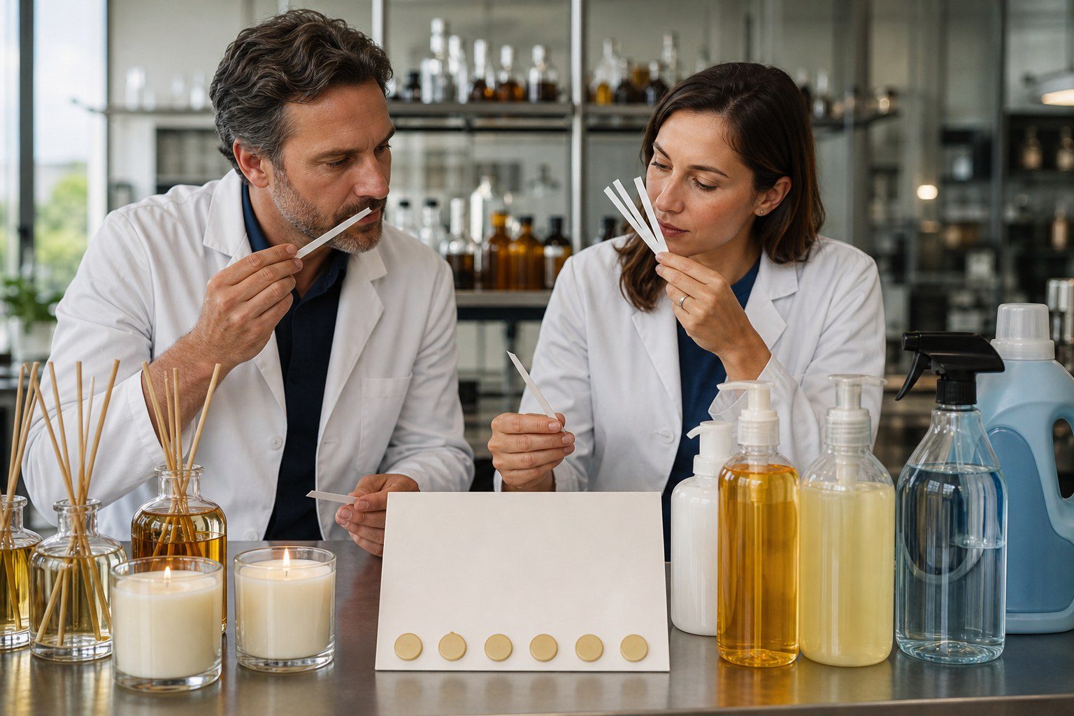 Specialists testing and approving custom fragrance samples in multiple product applications