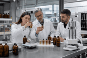 Quality team evaluating fragrance oil batch consistency in a modern laboratory