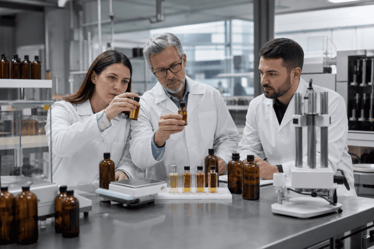 Quality team evaluating fragrance oil batch consistency in a modern laboratory
