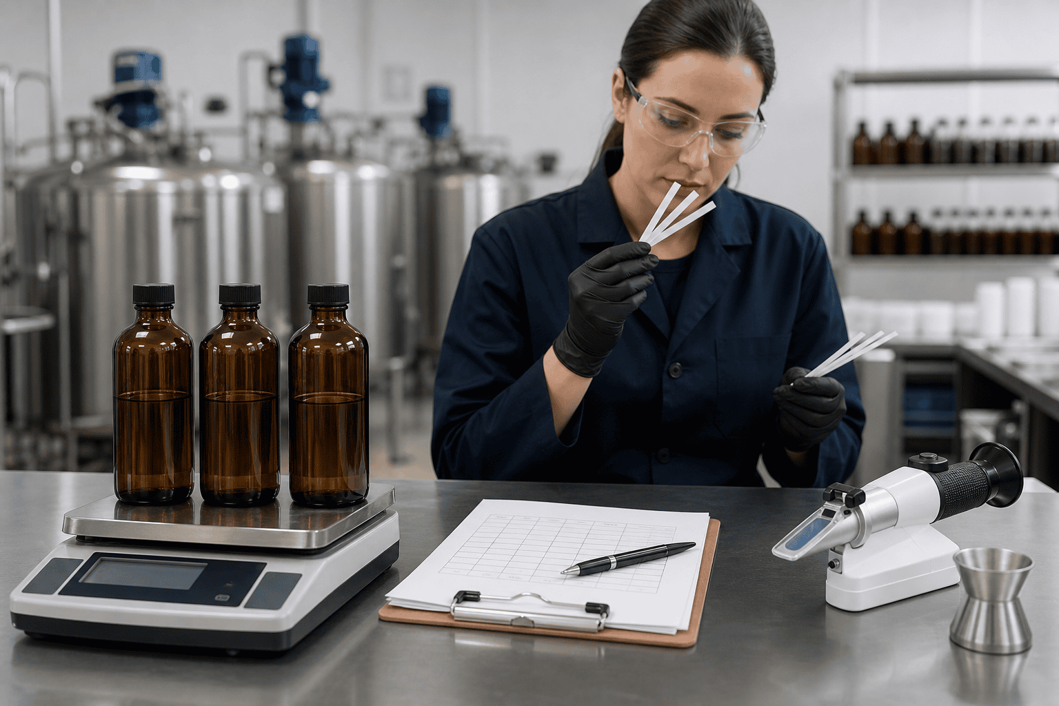Quality control technician comparing fragrance oil production samples for batch consistency