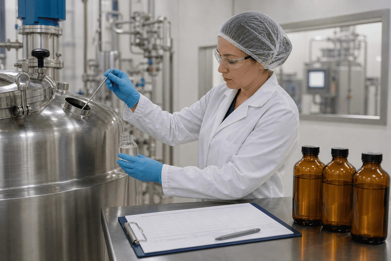 Spécialiste qualité prélevant un lot de production parfumante avant sa libération
