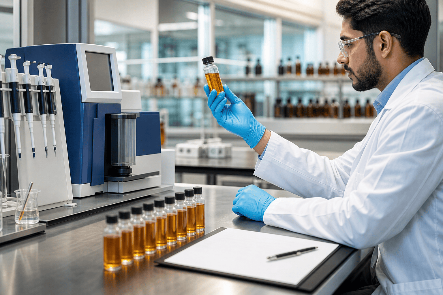 Laboratory technician reviewing a fragrance oil batch sample and certificate of analysis records