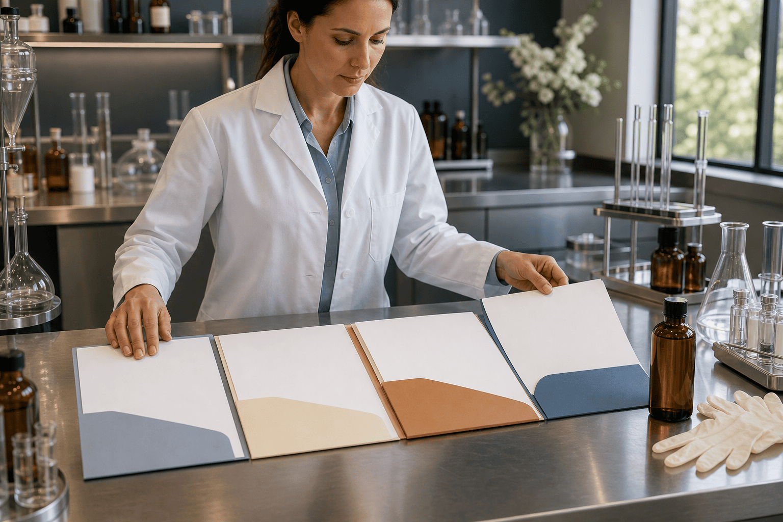 Regulatory specialist organizing fragrance compliance documents including IFRA, SDS, COA and allergen information