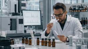 Perfumer comparing scent blotters beside GC-MS equipment during fragrance duplication