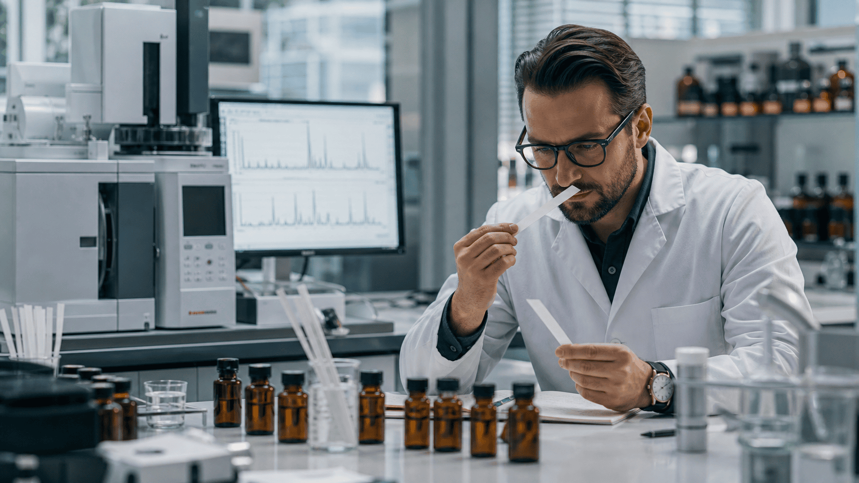 Perfumer comparing scent blotters beside GC-MS equipment during fragrance duplication