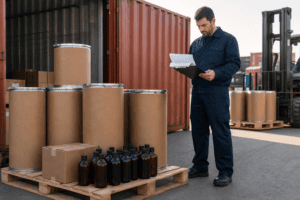 Logistics specialist preparing fragrance oil shipment documents for customs clearance