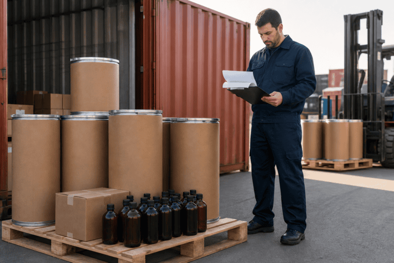 Logistics specialist preparing fragrance oil shipment documents for customs clearance