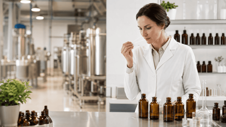 Perfumer evaluating samples inside a professional fragrance oil manufacturing laboratory