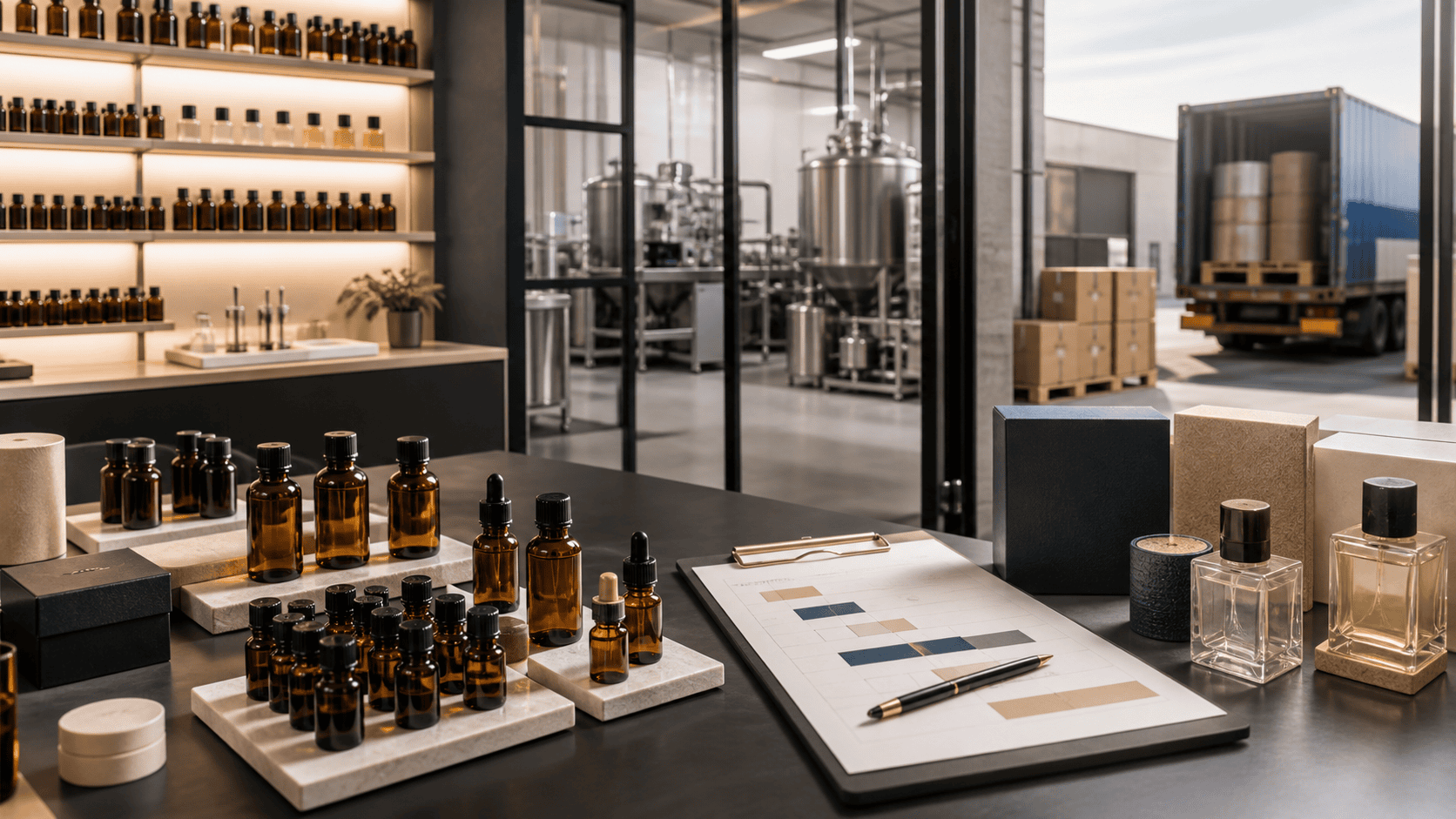 Fragrance oil samples arranged from laboratory quantities to scalable production and shipping