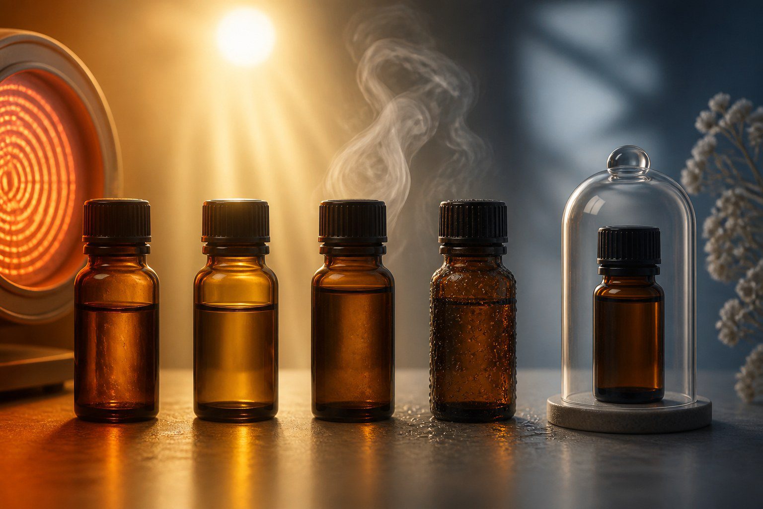 Fragrance oil samples illustrating the effects of heat light oxygen and moisture on shelf life