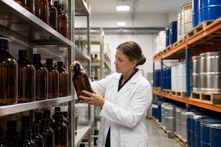 Quality specialist inspecting fragrance oil stored in a controlled warehouse