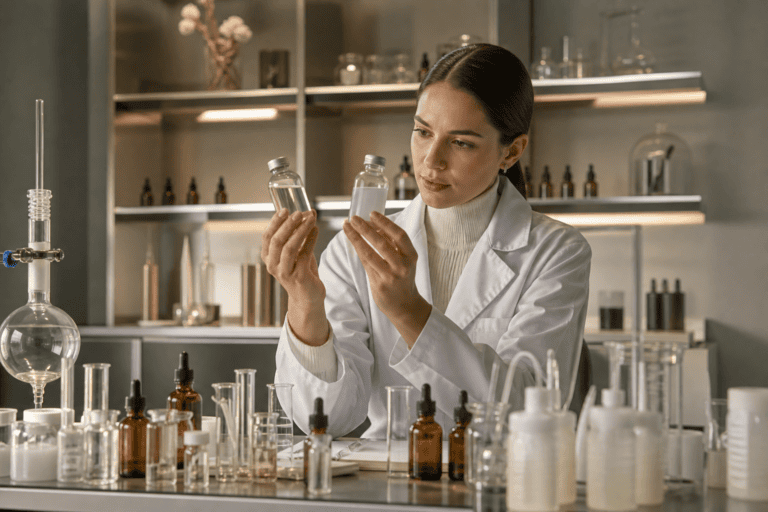 Scientist comparing clear and cloudy samples during fragrance oil solubility testing
