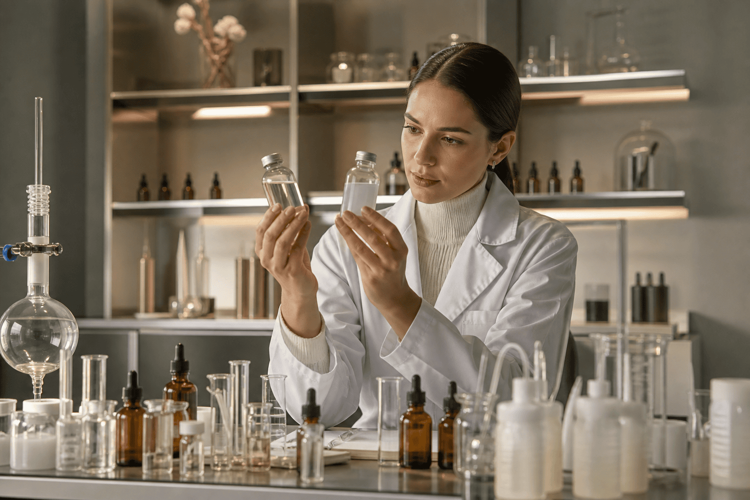 Scientifique comparant des échantillons clairs et troubles pendant un essai de solubilité