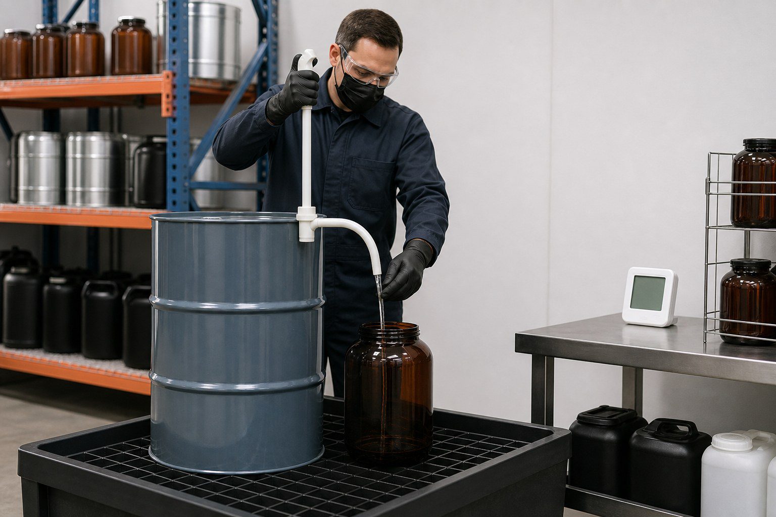 Technician transferring bulk fragrance oil with clean controlled storage equipment