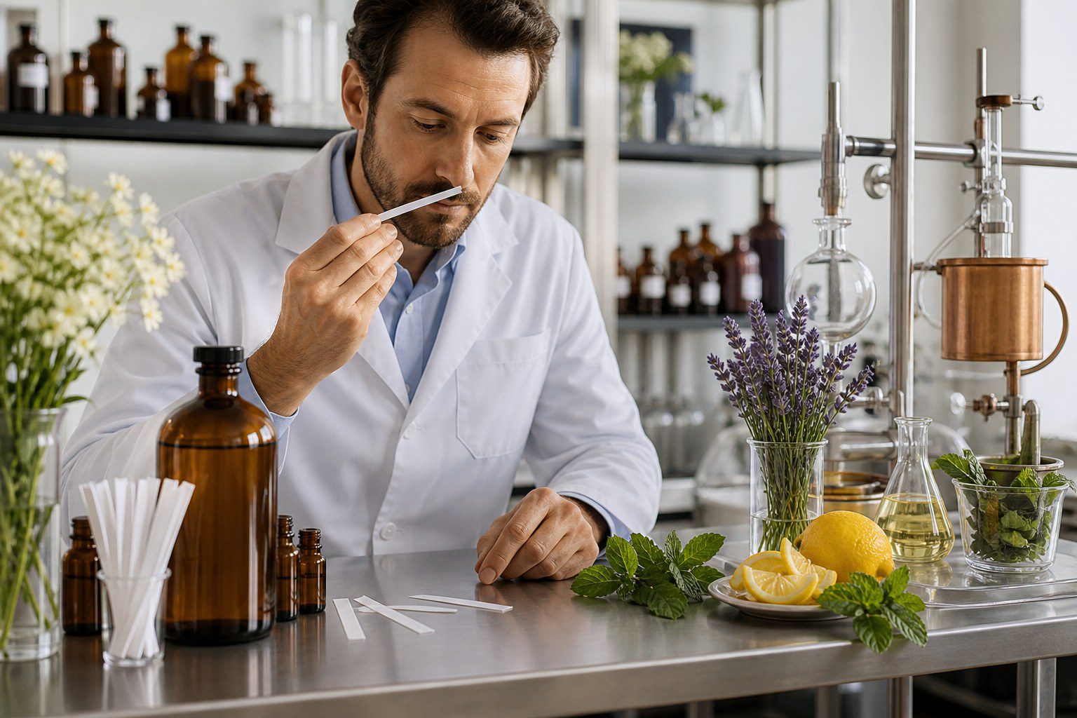 Perfumer comparing fragrance oil and botanical essential oil materials for commercial products