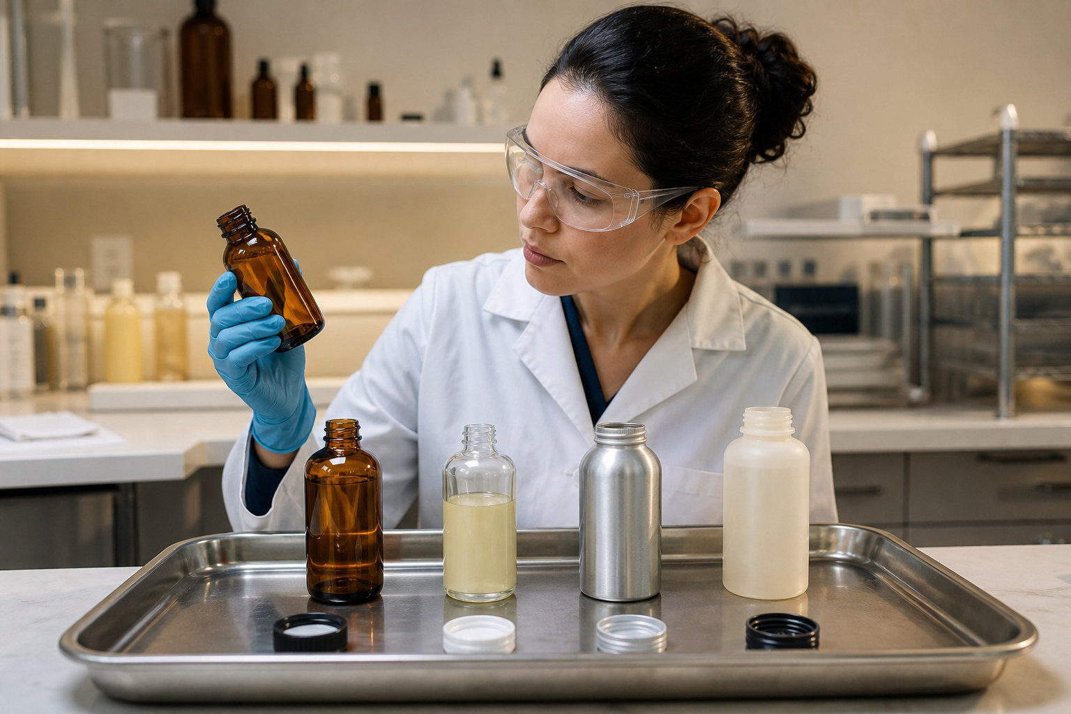 Quality technician evaluating fragrance compatibility with glass metal and polymer packaging
