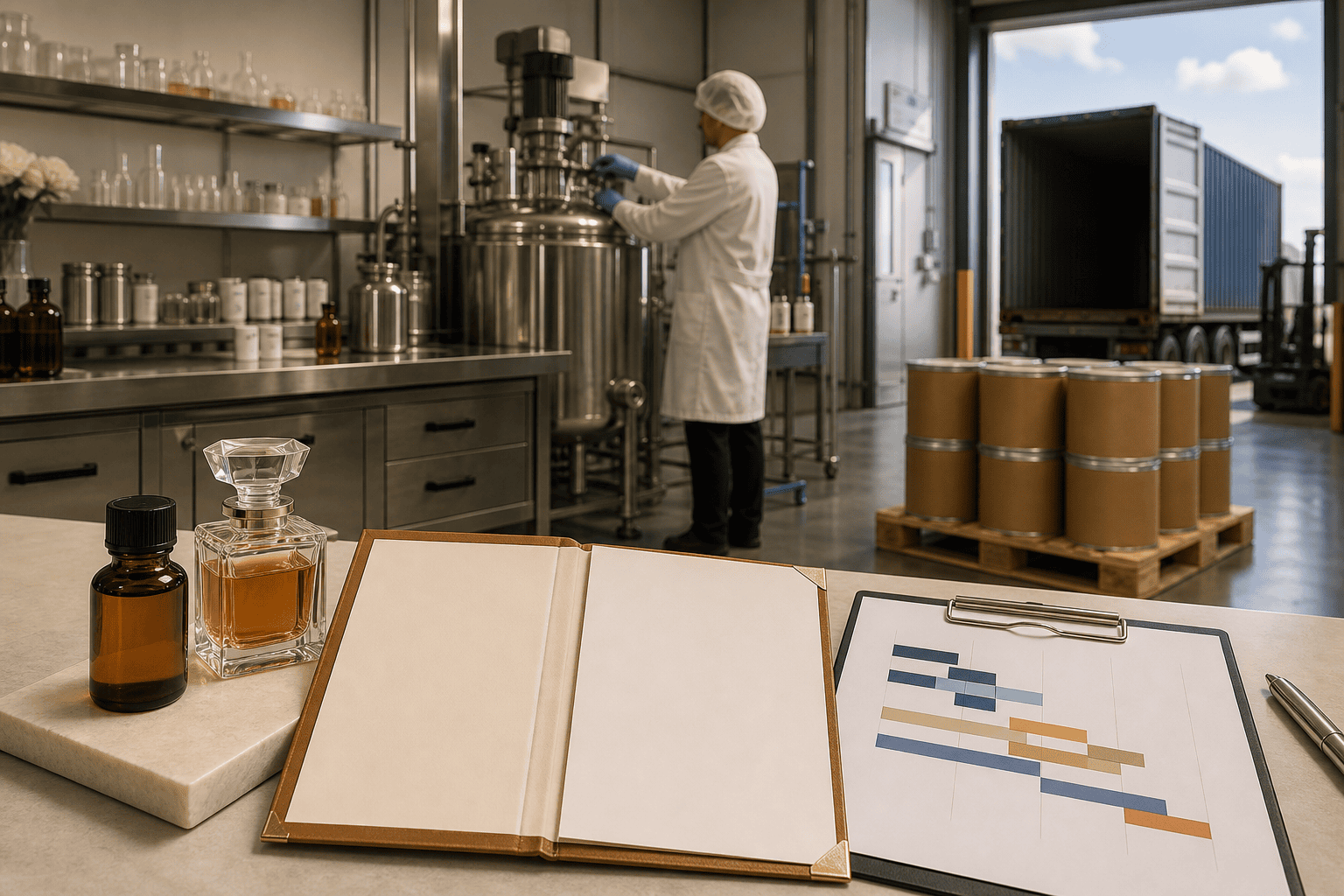 Fragrance production and logistics planning from approved sample to international shipment