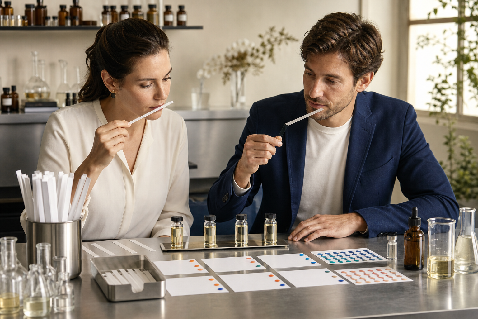 Perfumer and product developer comparing fragrance duplication samples during revision