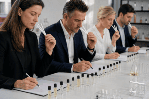 Trained fragrance panel conducting a controlled sensory evaluation