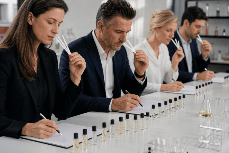 Trained fragrance panel conducting a controlled sensory evaluation