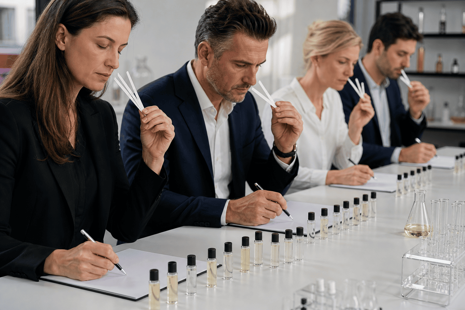 Panel entraîné réalisant une évaluation sensorielle contrôlée de parfums