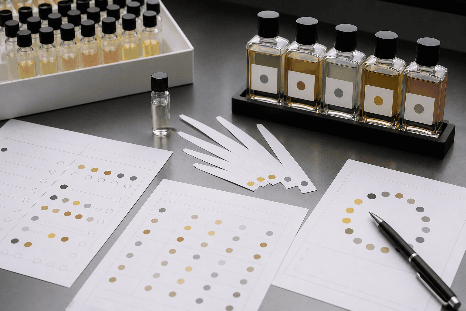 Échantillons codés et fiches structurées pour le profil sensoriel d’un parfum