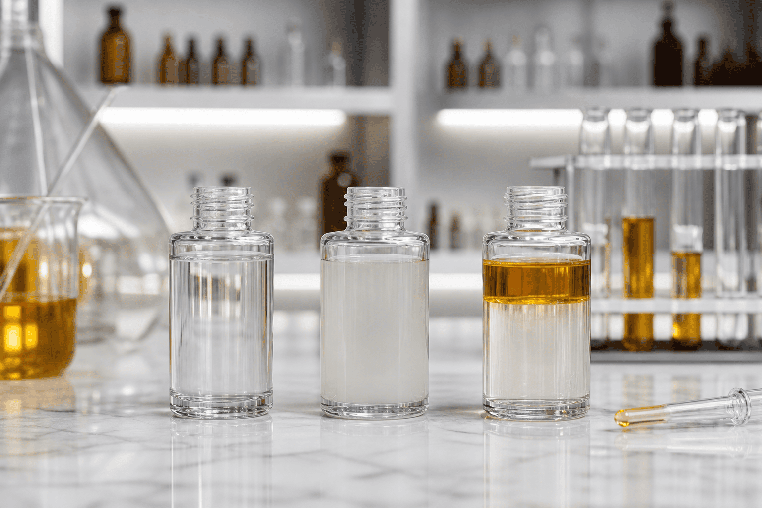 Échantillons clairs, troubles et séparés pour comparer la solubilité d’un parfum