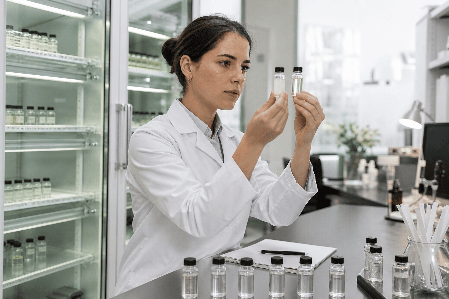 Technicien inspectant des échantillons de compatibilité conservés sous conditions contrôlées