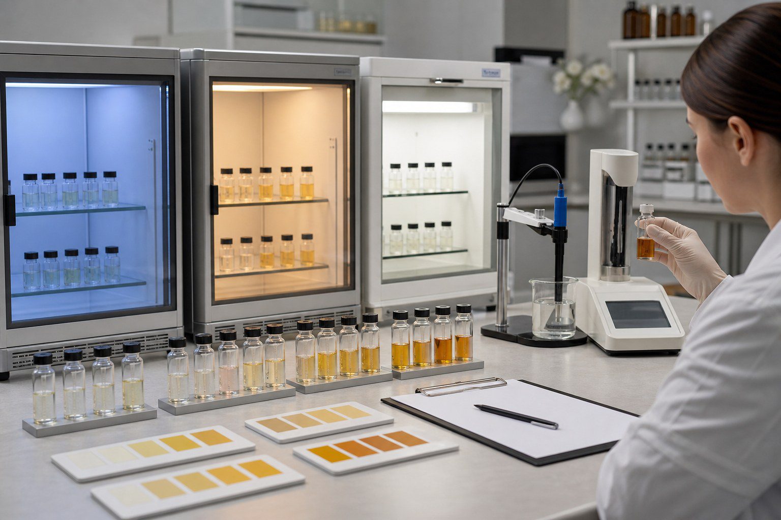 Controlled fragrance stability test protocol using samples stored under different conditions