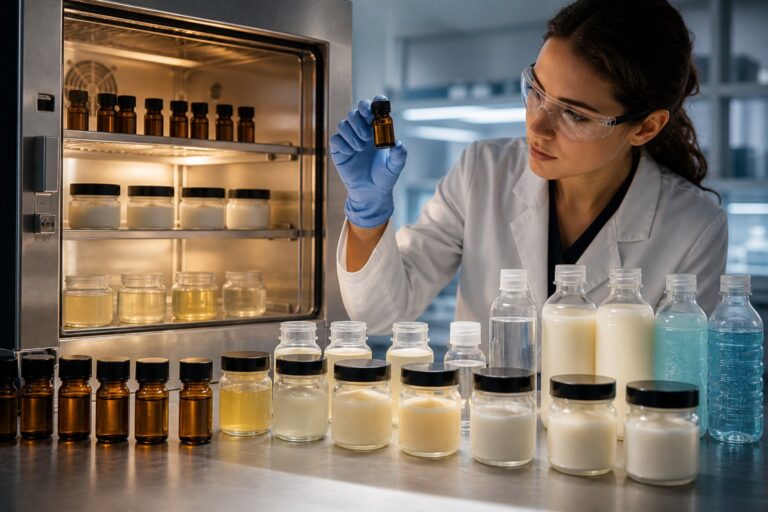 Scientist examining fragrance oil and finished-product samples during stability testing