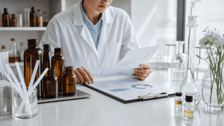 Quality specialist reviewing fragrance supplier documents beside amber fragrance oil bottles