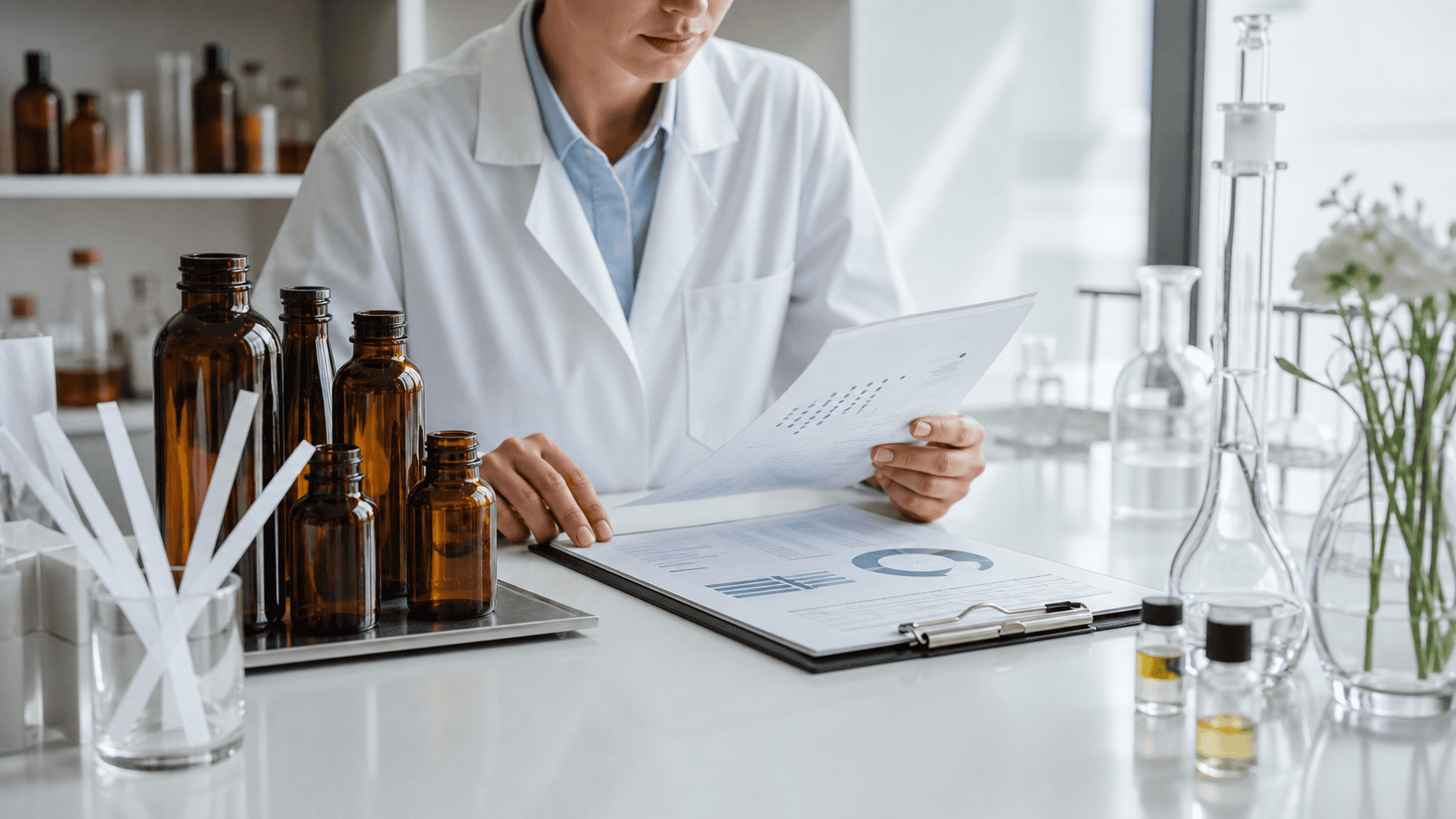 Quality specialist reviewing fragrance supplier documents beside amber fragrance oil bottles