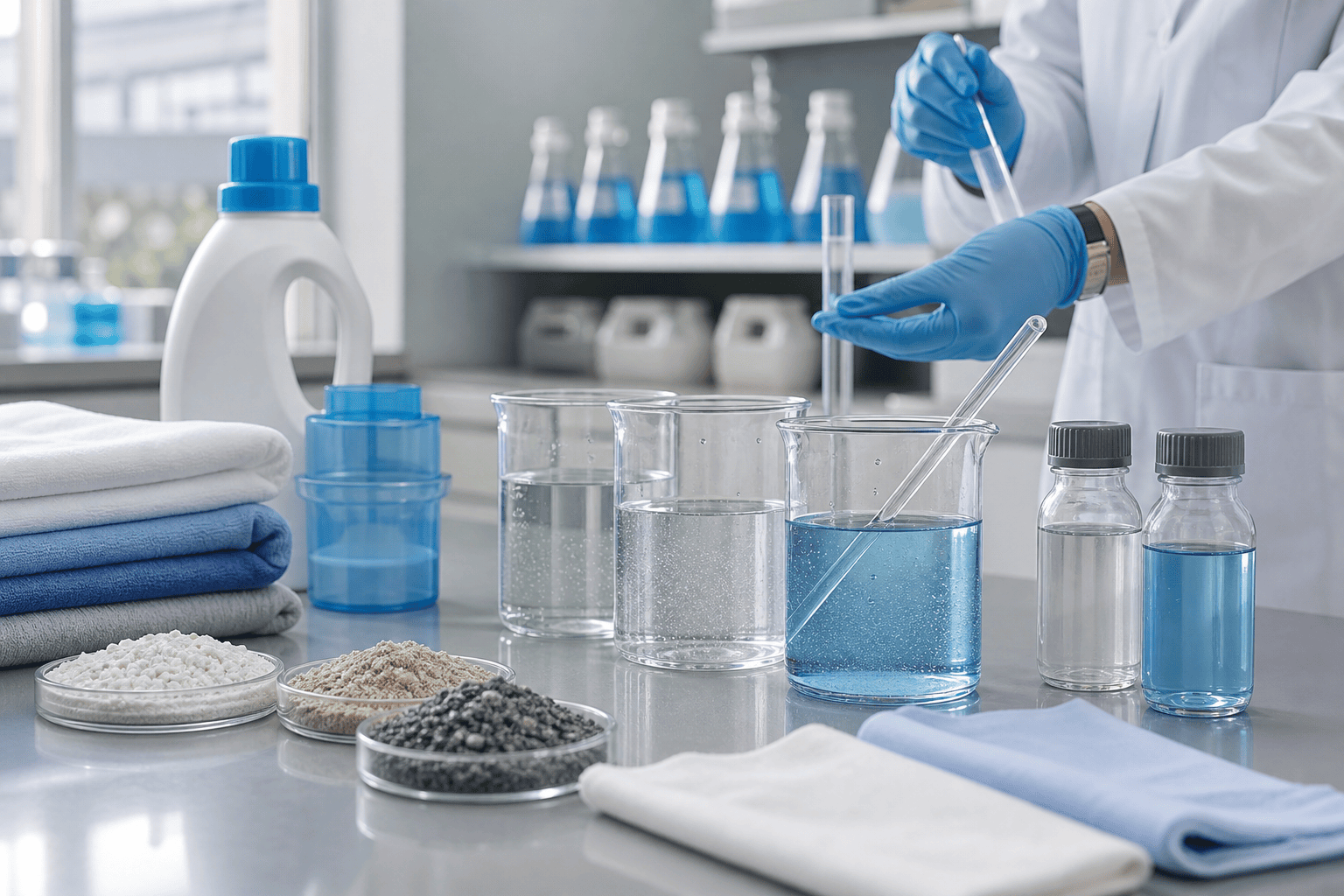 Laboratoire de lessive préparant des essais de parfum avec eau douce et eau dure