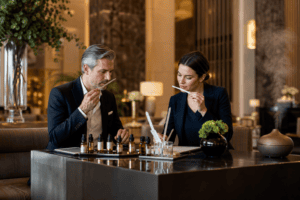 Hotel brand team evaluating a signature scent in a luxury lobby