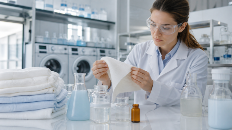 Laboratory specialist testing fragrance longevity on fabric for laundry care products