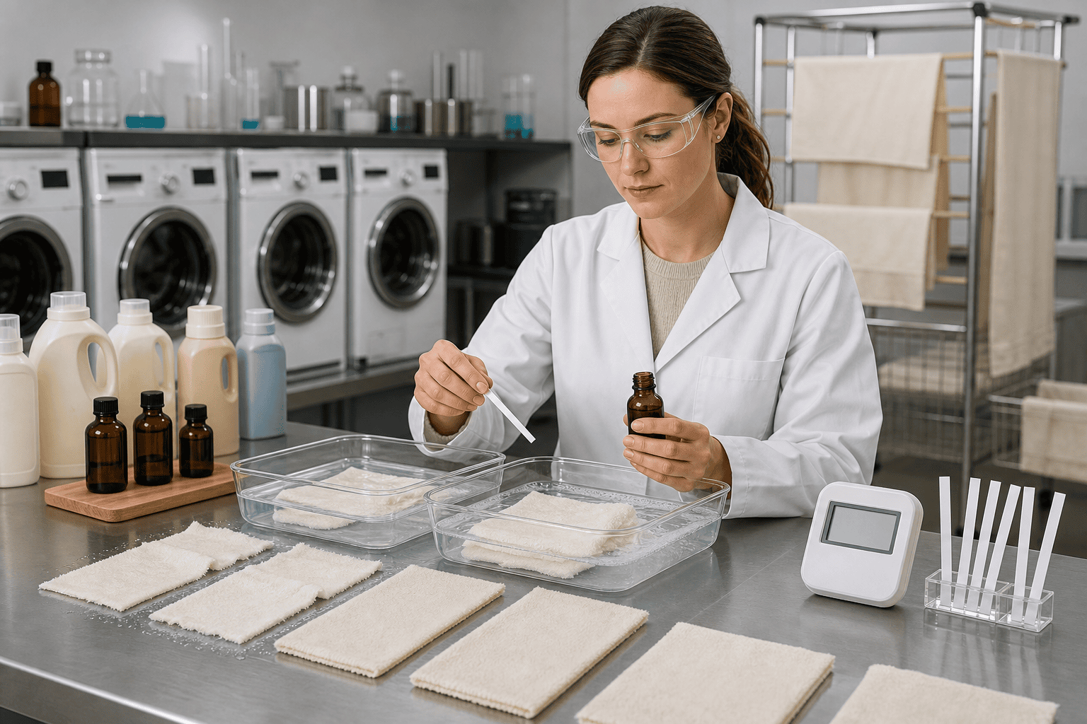Technician conducting standardized laundry fragrance performance tests on fabric swatches