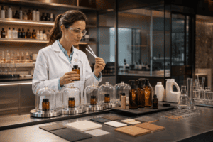 Scientist evaluating malodor control fragrance performance in a controlled laboratory