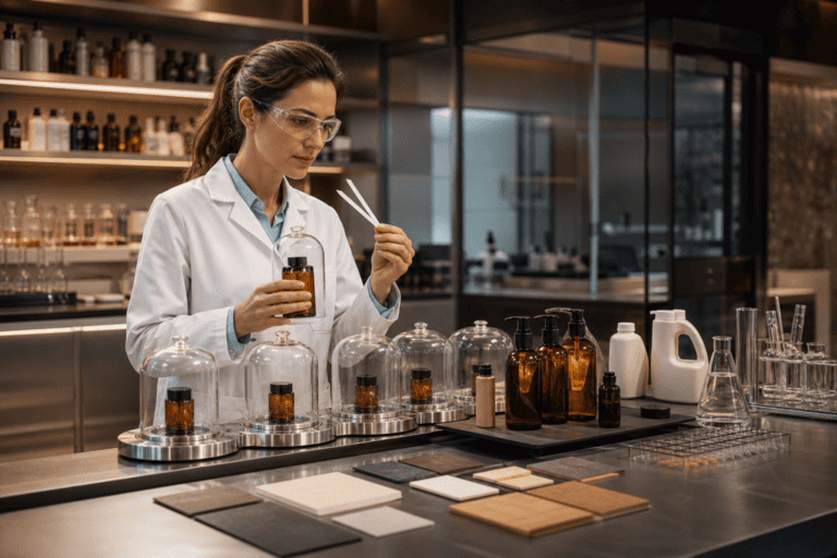 Scientist evaluating malodor control fragrance performance in a controlled laboratory