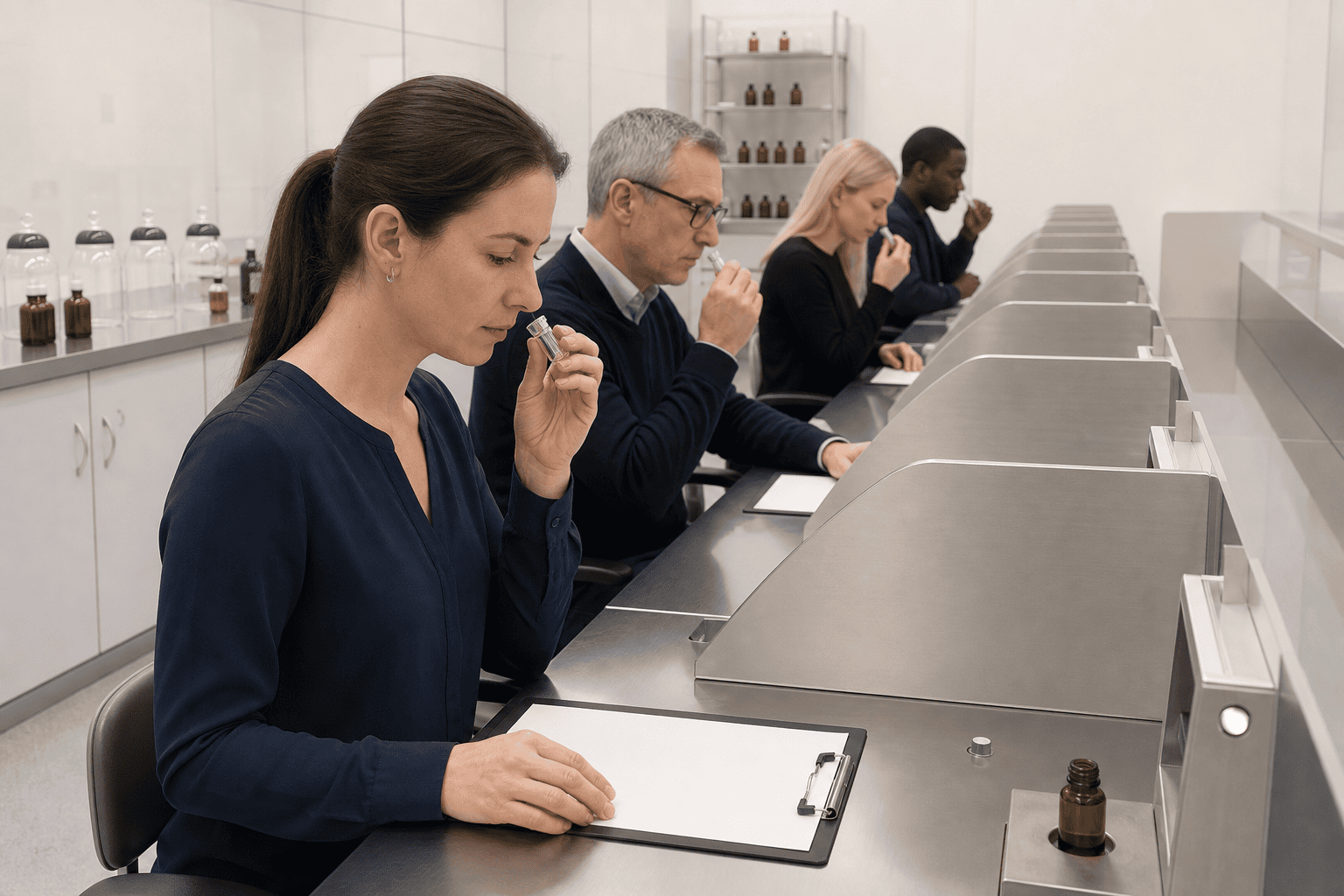 Trained panel conducting a controlled sensory test for malodor reduction