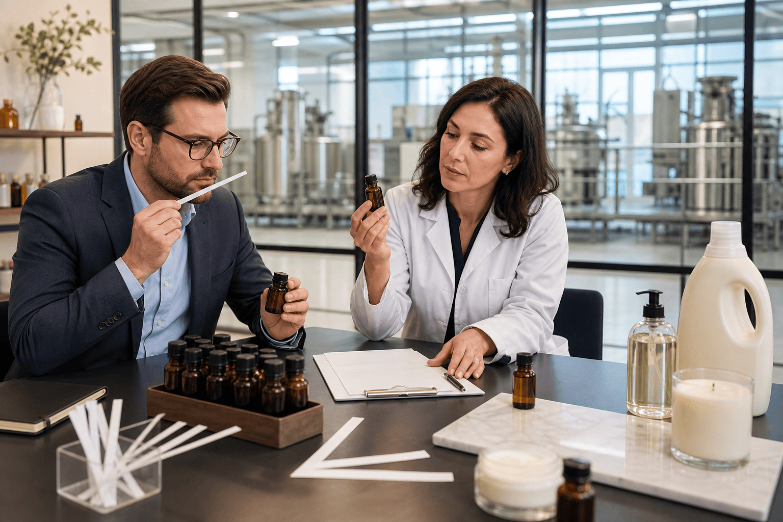 B2B buyer and perfumer evaluating fragrance oil samples and product applications