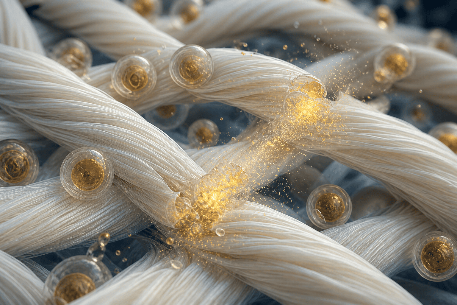 Scientific illustration of fragrance microcapsules releasing scent from textile fibers