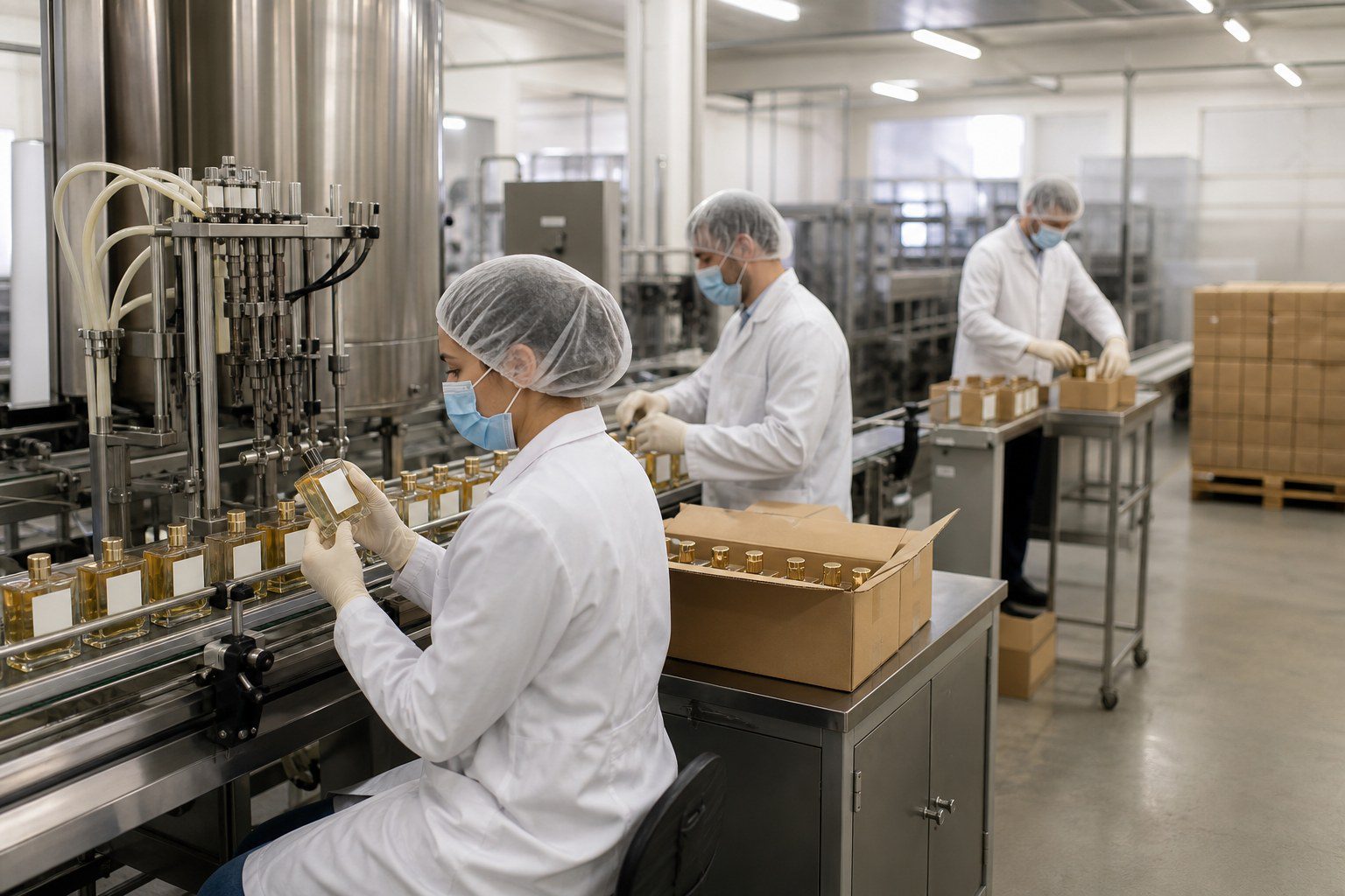 Private label fragrance bottles moving through filling inspection and packing production